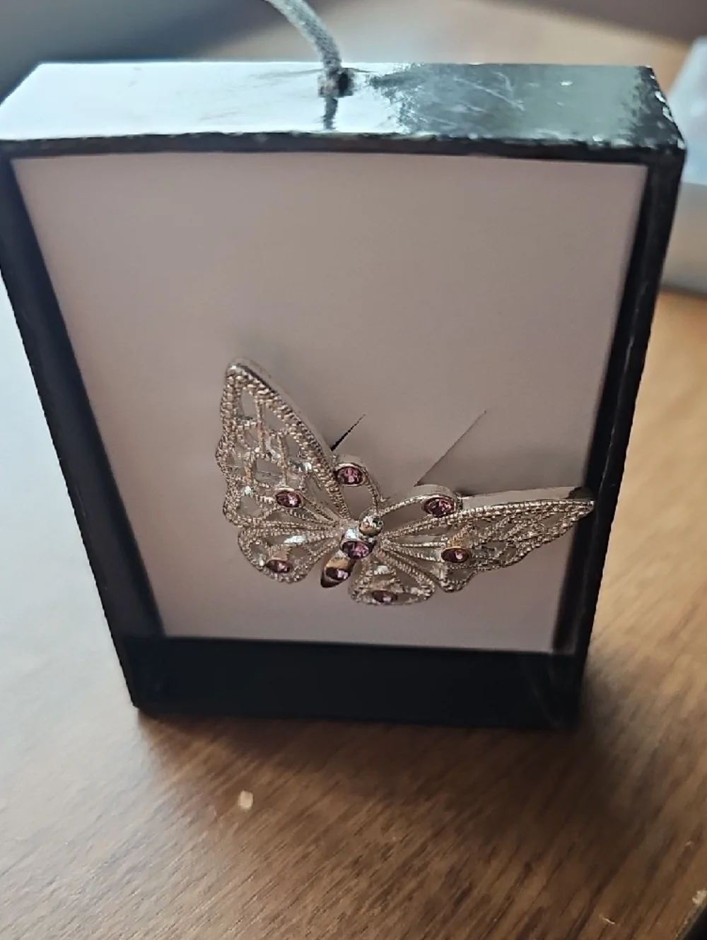 NIB Vintage Silver Butterfly Brooch with Purple Gem Accents